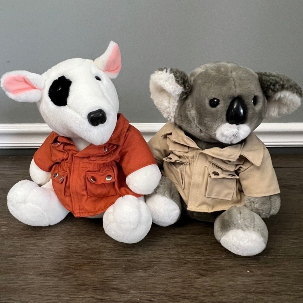 Vintage 1987 Dakin Bull Terrier & Koala Safari Jackets Plush Stuffed Animal Set